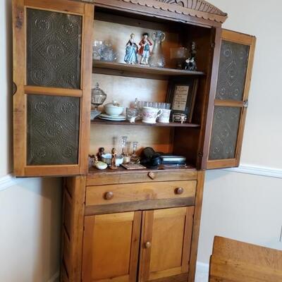 Pie safe with carved cornice, 2 upper doors/ 4 tins, 1 drawer & 2 lower doors