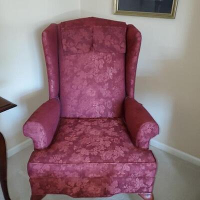 Q-Anne style wing chair, rose damask upholstery