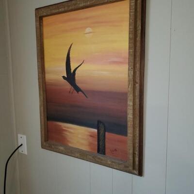 Artwork - bird in flight, signed, rustic frame