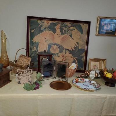 Assorted decorative including vintage coffee grinder, MCM vase, cockatoo print by Botke, more