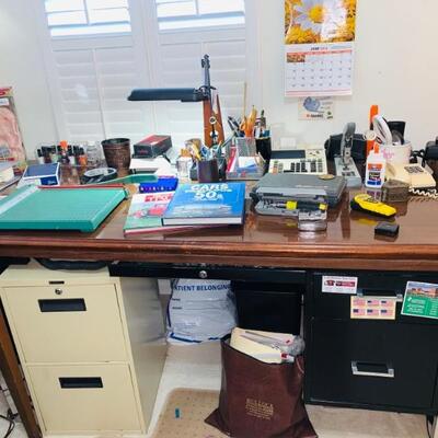 FILE CABINET, METAL AND WOOD DESK, OFFICE ITEMS, PAPER CUTTER