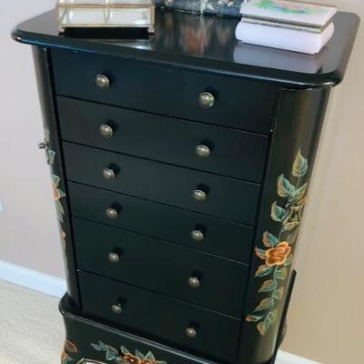 POWELL BLACK LACQUER JEWELRY CABINET WITH FOLD OUT SIDES, MIRROR IN TOP SIDE, AND LOTS OF STORAGE DRAWERS