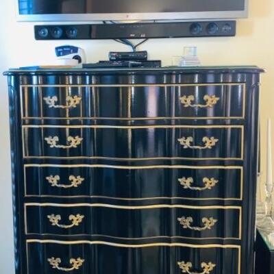 LARGE TV, SOUND BAR, HIGH BOX BLACK LACQUER CHEST OF DRAWERS BY THE CONTINENTAL  FURNITURE COMPANY, HIGH POINT NORTH CAROLINA