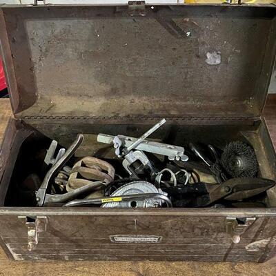 Vintage metal tool box with 45 tools inside.