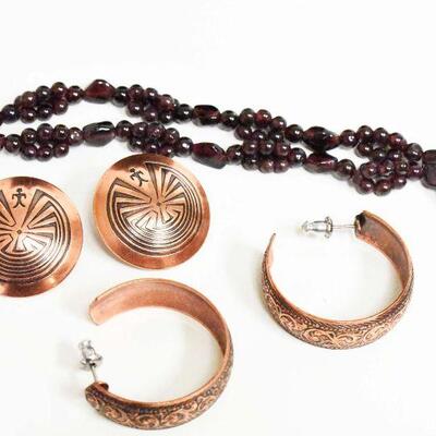 Beaded Necklace & 2 Pair Copper Earrings