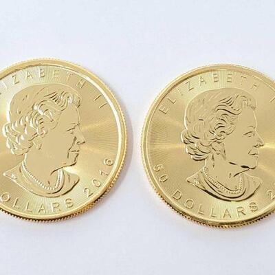 #76 â€¢ (2) 1oz 2016 Canadian $50 .9999 Gold Leaf Coins: (2) 1oz 2016 Canadian $50 .9999 Gold Leaf Coins. 