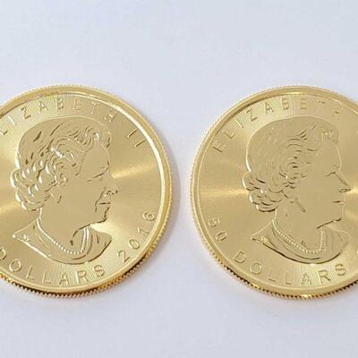 #72 â€¢ (2) 1oz 2016 Canadian $50 .9999 Gold Leaf Coins. (2) 1oz 2016 Canadian $50 .9999 Gold Leaf Coins