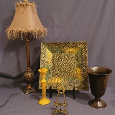 (5) Home Decor in Tuscan Tones: Lamp, Vase, Candlestick, Easel, and Decorative Plate on Stand