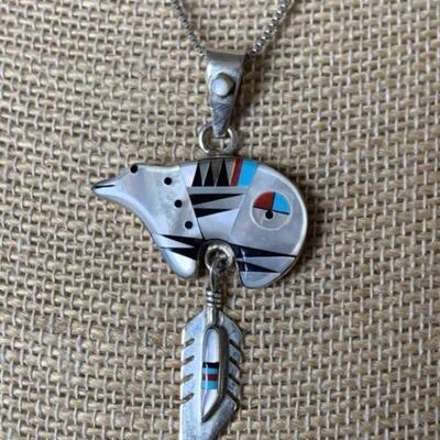 Sterling Silver Zuni Inlaid Necklace with Mother
of Pearl and Turquoise