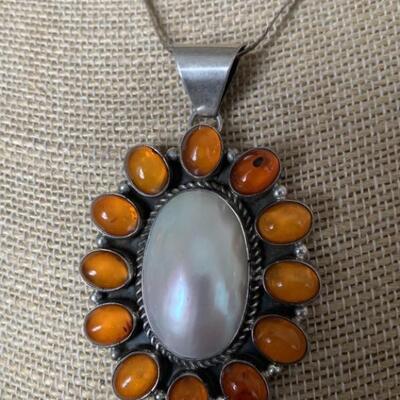 Sterling Silver Necklace with Large Pearl & Amber Stones