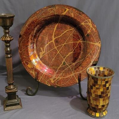 (3) Home Decor in Tuscan Tones: Mosaic Vase, Decorative Plate on Stand, & Candlestick