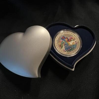 Peafowl 1 oz. Silver Coin in Heart Box