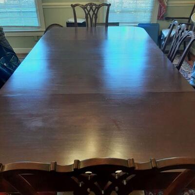 Dining table measures 93 1/2 long with both leaves
Each leaf measures  23 1/2 inches. Height is 30 inches
Width is 49 inches.  Sold...