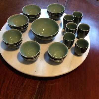 26in diameter White Marble Lazy Susan, Blue and Green Porcelain Bowls and Cup set.