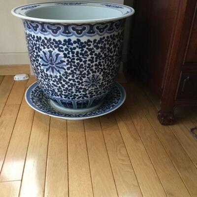 Blue and White Planter and Dish. Planter is 13.5 in tall, top diameter is 14.3/4in, base diameter is 8in. Dish/plate is 14.5in diameter.