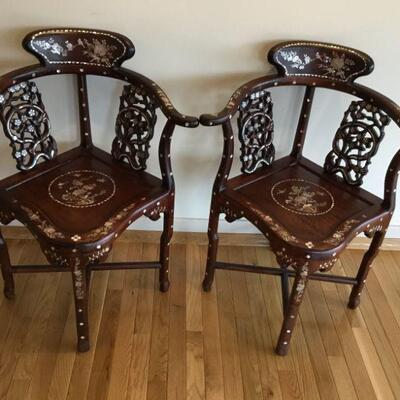 MOP and Rosewood Corner Chairs. 33in tall, Arm-Arm width is 26in, Seat area is approx. 16.5in x 16.5in.