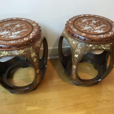 Pair of Chinese Rosewood MOP inlay barrel stools. 18in tall.