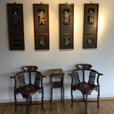Set of 4 Chinese Carved, Hand Painted Wood Wall Panels. 2 Inlaid Mother Of Pearl Corner Chairs. Inlaid Mother of Pearl Side Table/Stand.