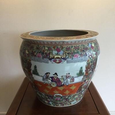 14in tall Famille Rose Fishbowl/Jardiniere/Planter with two panel designs.