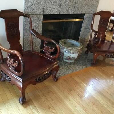 Rosewood Armchairs - Dragon motif - fabulous! (34.5in High, Seat Deck measures 22in x 19.5in, Seat to Floor height without cushion is...