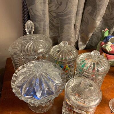 Heavy pressed glass candy jars