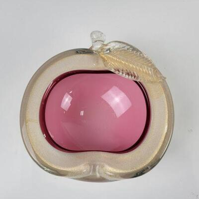 1950's Alfredo Barbini Italian Murano Rasperry Pink And Gold Aventurine Apple Bowl - About 5in