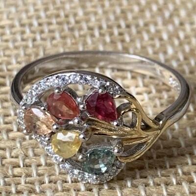 Sterling Silver Ring with 'Fancy' Colored Sapphire Gemstones - Blue Yellow Orange and Red size 7.75