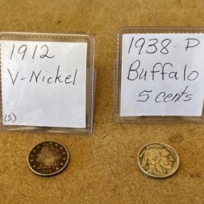 1936 & '38 Buffalo Nickels, 1912 V Nickel, 
Bonus Buffalo Nickel - 4 Nickels Total