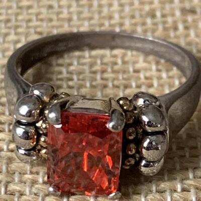Sterling Silver Ring with Orange/Red Colored