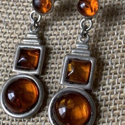 Sterling Silver and Amber Dangle Earrings