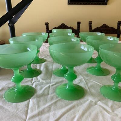 vintage French opaline sherbet glasses in green, set of 10