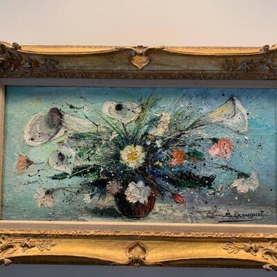 mid century oil painting, floral, signed