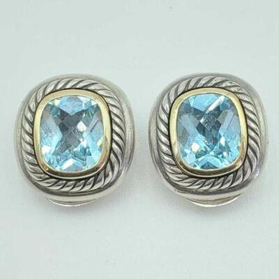 #822 â€¢ David Yurman 14k Gold & Sterling Silver, Blue Topaz Gemstone Earrings, 20.5g