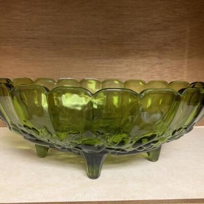 Mid Century Indiana Glass Green Oval Footed Bowl