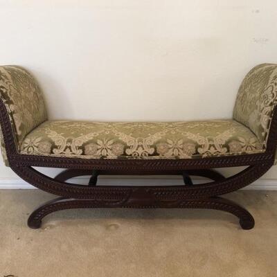 Carved Classical X-Frame Upholstered Walnut Bench