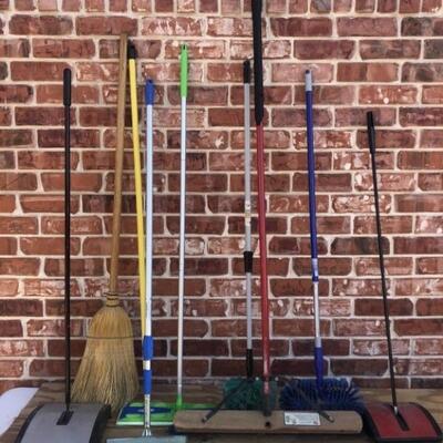 Lot of Sweepers, Brooms, and a Window Squeegie