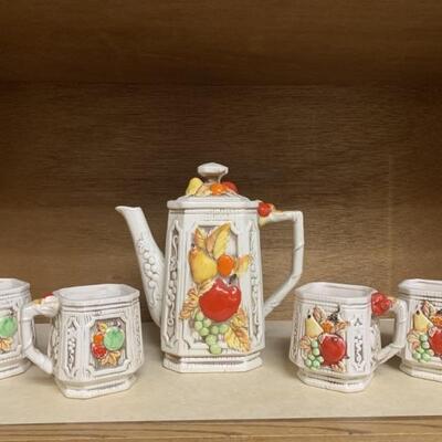 Mid Century Ceramic Fruit Coffee Set: Pot + 4 Mugs