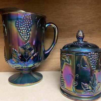 Indiana Carnival Glass Pitcher & Lidded Canister