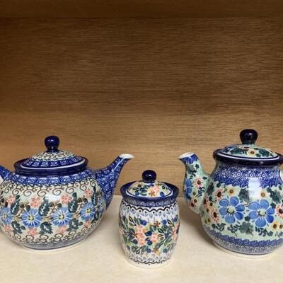 Handmade Polish Ceramics: 2 Teapots & a Sugar Bowl