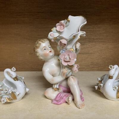 (3) Vintage Porcelain Decor: 1-Cupid Vase, &   
2-Swans