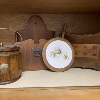 (4) Country Farmhouse Wood Decor: Letter Holder, Ice Bucket, Trivet, and Tray