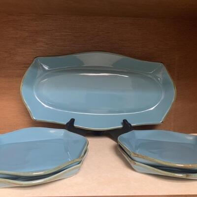 (5) Smoky Aqua Serving Tray & 4 Plates