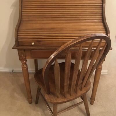 Small Oak Roll Top Desk with Chair is 34x24x44