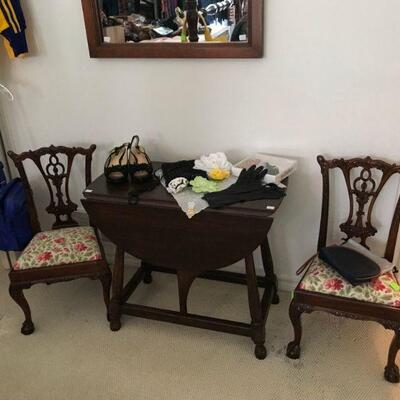 Mahogany small antique drop leaf side table and 2 mahogany carved childs chairs