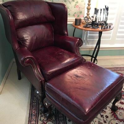 Oxblood Leather Studded Chair and Ottoman