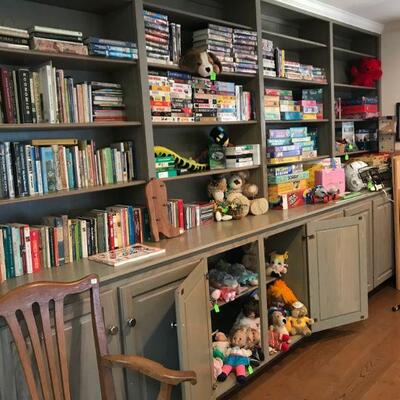 Stuffed Animals, 12 linear feet of books, VHS DVD movies and MANY board games