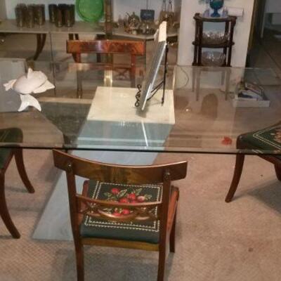 glass top dining table  stone  base and 4 antique chairs