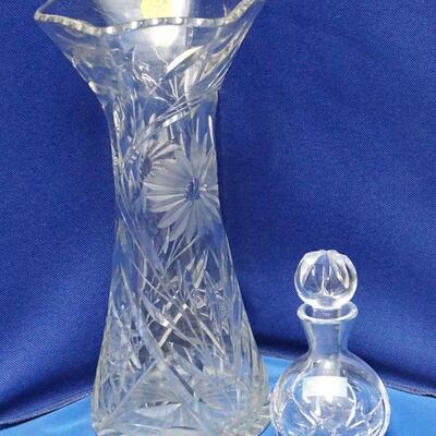 2 PC CUT GLASS VASE & WATERFORD PERFUME