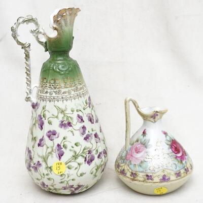2 PC HAND PAINTED PORCELAIN EWERS