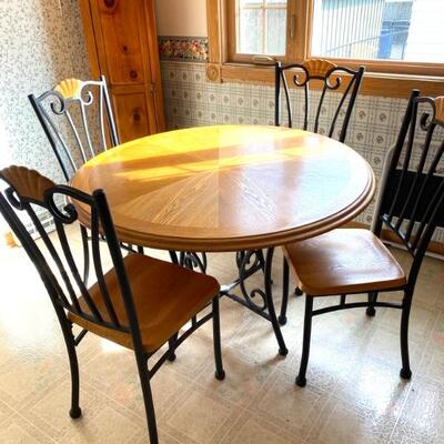 Oak/Cast Metal Kitchen Dining Table with 4 Side Chairs